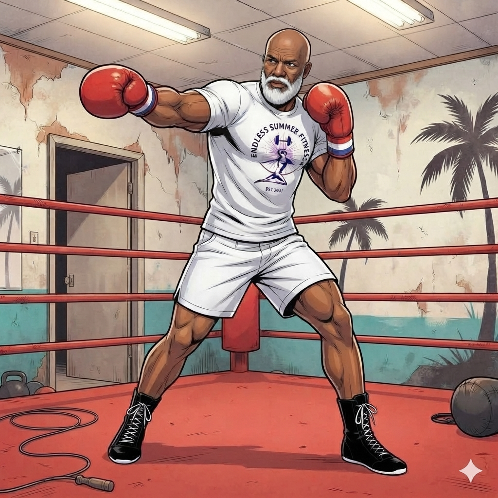 Older ESF male coach in a boxing ring wearing a white T‑shirt, white shorts, red boxing gloves, and black boxing shoes with white soles and laces, throwing a punch with palm‑tree silhouettes in the background.