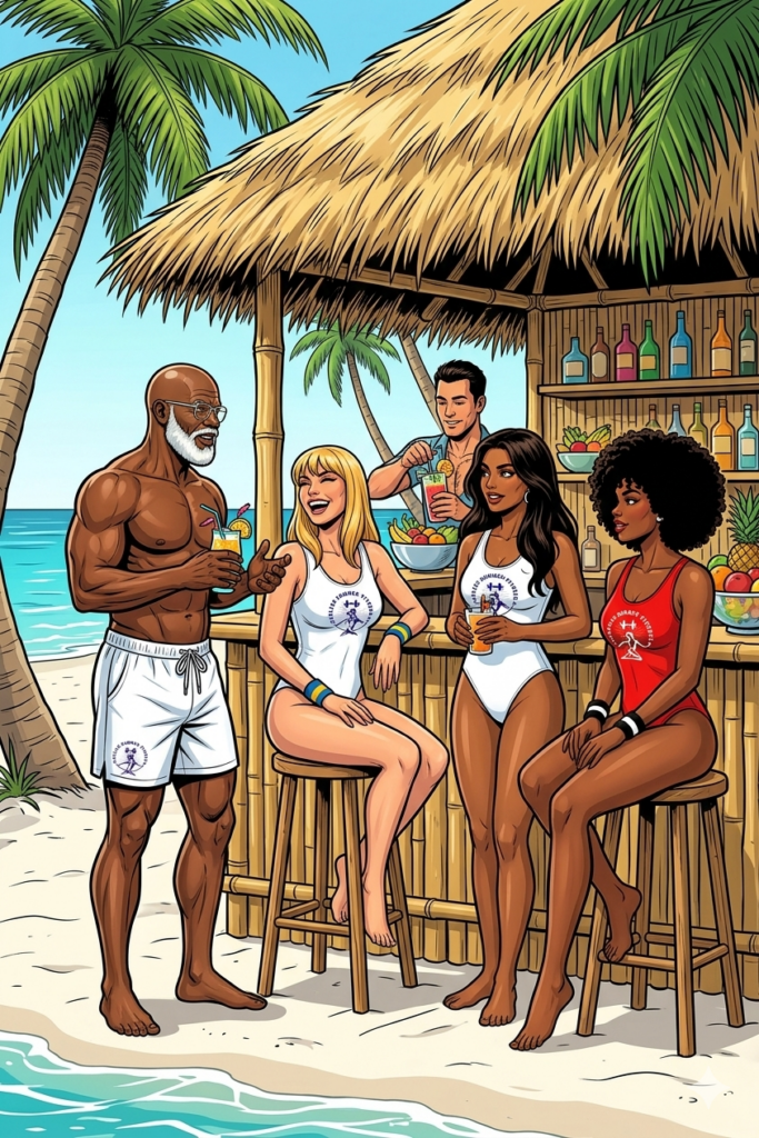 Tropical beach tiki bar scene with the upgraded Endless Summer Fitness crew, all barefoot and wearing ESF‑branded swimsuits, sitting and standing around the bar while enjoying colorful drinks under palm trees with the ocean in the background.