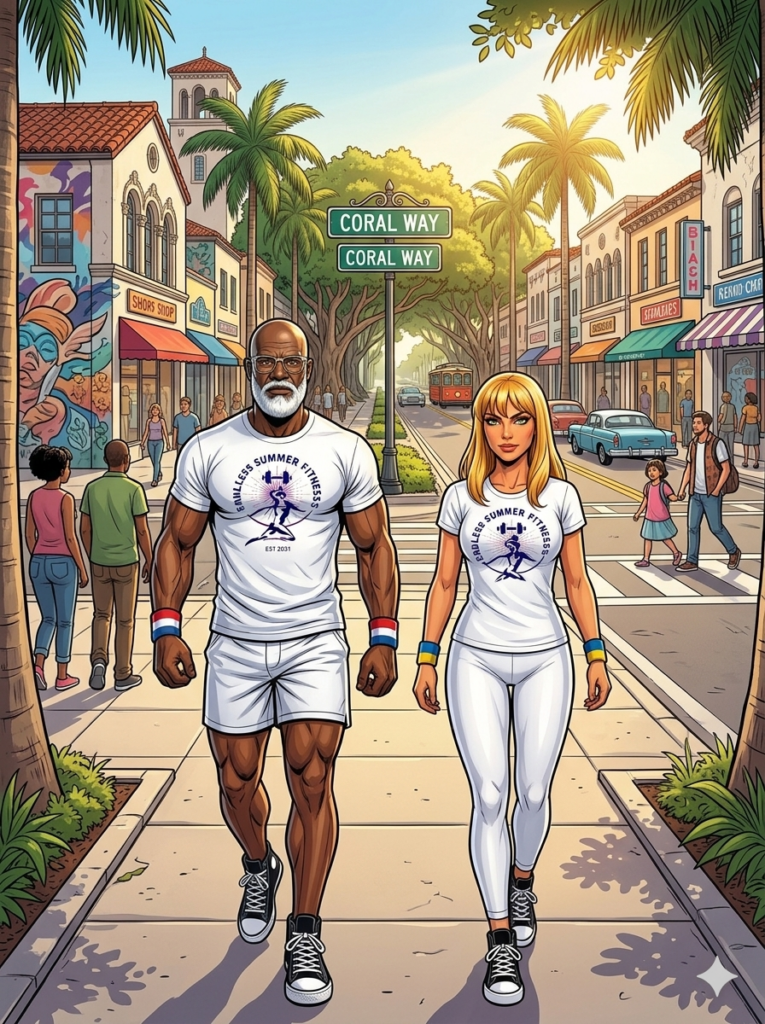 An illustration of the fitness mentors from "1Bhead Coach-Hybrid Fitness Lead - Secondary Over 40 Fitness Mentor.png" and "2Nutrition Coach-Nutrition.png" walking side-by-side in their white athletic gear on a sun-drenched sidewalk. They are strolling down Miracle Mile on Coral Way in Coral Gables, surrounded by vibrant storefronts, palm trees, and classic cars under a bright sky.