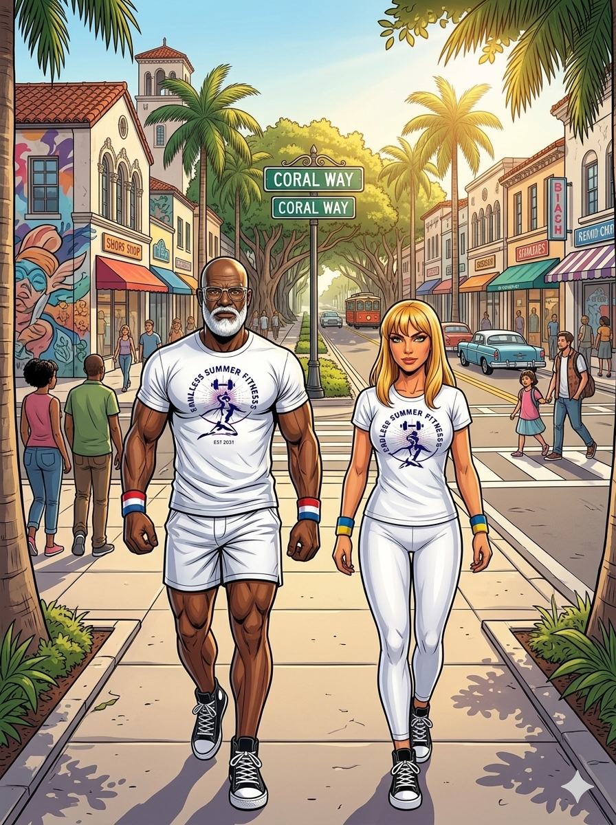 An illustration of the fitness mentors from "1Bhead Coach-Hybrid Fitness Lead - Secondary Over 40 Fitness Mentor.png" and "2Nutrition Coach-Nutrition.png" walking side-by-side in their white athletic gear on a sun-drenched sidewalk. They are strolling down Miracle Mile on Coral Way in Coral Gables, surrounded by vibrant storefronts, palm trees, and classic cars under a bright sky.