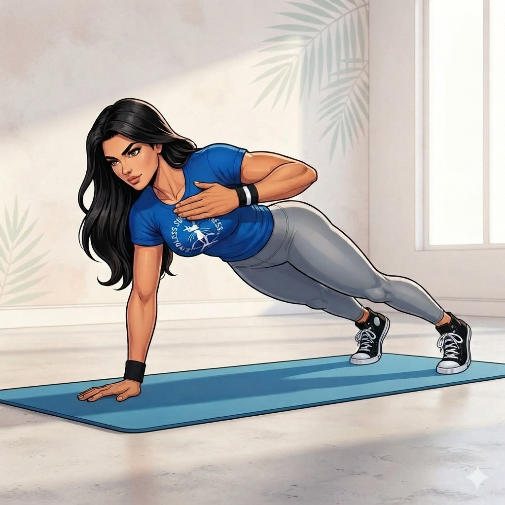 Comic‑book illustrated scene of the Endless Summer Fitness female coach performing a Plank With Shoulder Tap on a mat in a bright Miami‑style fitness space. Coach must appear exactly as she does in her ESF reference illustration: same facial structure, same hair, same physique, same proportions, same stance energy, same skin tone. She is wearing her ESF uniform: blue Endless Summer Fitness T‑shirt with white text and graphics, gray leggings, black wristbands, and black‑and‑white sneakers. No deviations from her established appearance. Pose: coach in a high‑plank position with a straight line from head to heels, feet slightly wider than hip‑width for stability. One hand planted firmly on the mat while the opposite hand lifts to tap the opposite shoulder. Core braced, hips steady, minimal rotation. The lifted hand should match the exact angle and timing of the reference exercise image. Environment: clean indoor Miami‑inspired fitness room with soft natural daylight, light wall, blue mat, and minimal decor. Maintain the same lighting and simplicity as the reference exercise scene. No text overlays, no labels, no arrows. Style: crisp comic‑book shading, bold outlines, natural colors, bright ESF aesthetic.