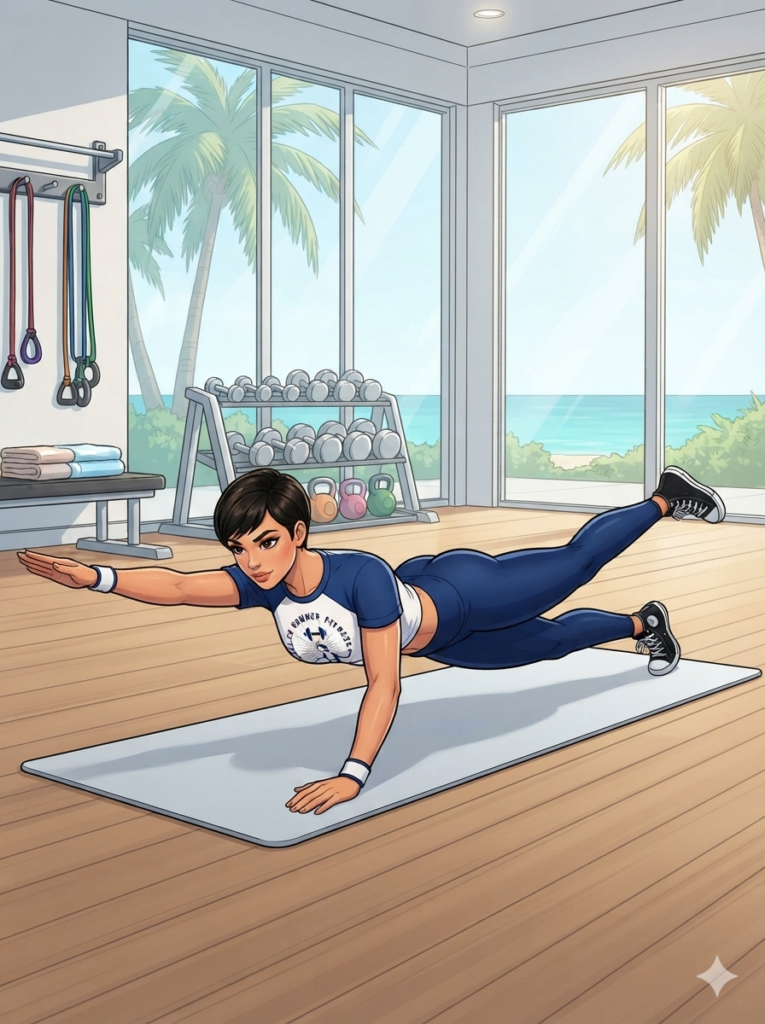 Person performing an advanced plank variation on a mat, extending one arm forward and the opposite leg backward while balancing in a bright indoor gym with wooden floors, large windows, and neatly arranged fitness equipment.