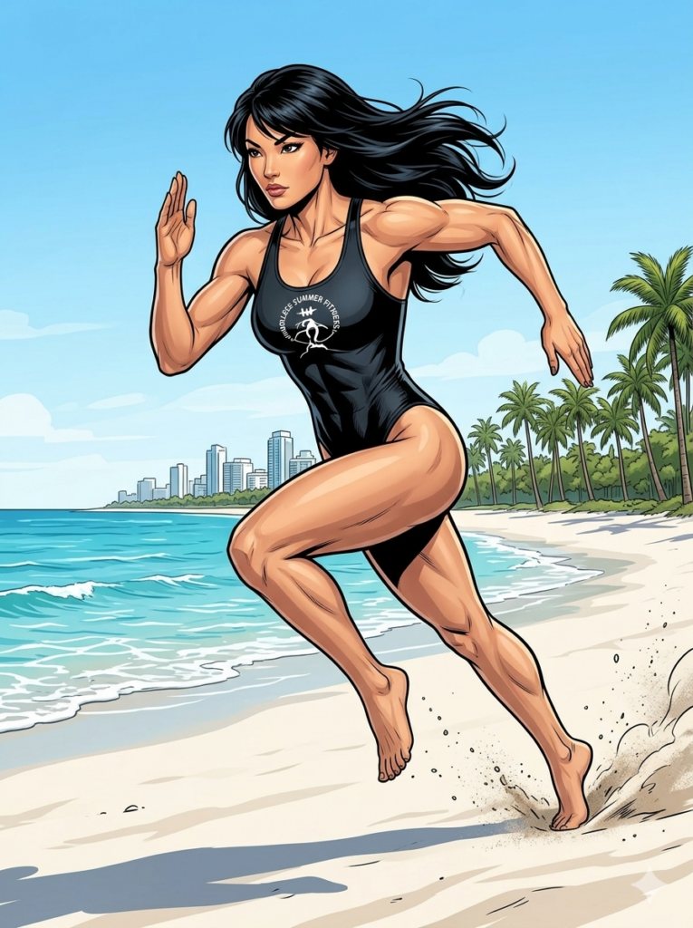 Person sprinting barefoot across sandy beach with palm trees and ocean in the background, wearing a white T‑shirt and white shorts, captured mid‑stride in a bright tropical setting.