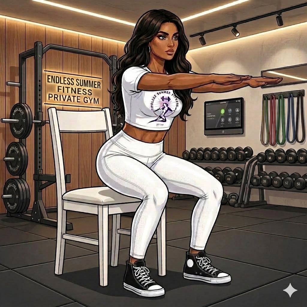 Comic book illustration of a woman with long, wavy dark hair performing a chair squat inside a luxury home gym. She is wearing a white crop top with a purple fitness graphic, white leggings, and black high-top sneakers. Her arms are extended straight out in front of her as she lowers into a squat toward a white wooden chair behind her. The background features a premium gym setup with a black rubber tile floor, a squat rack, weight plates, rows of dumbbells, resistance bands on the wall, and wood-paneled accents with a sign reading Endless Summer Fitness Private Gym