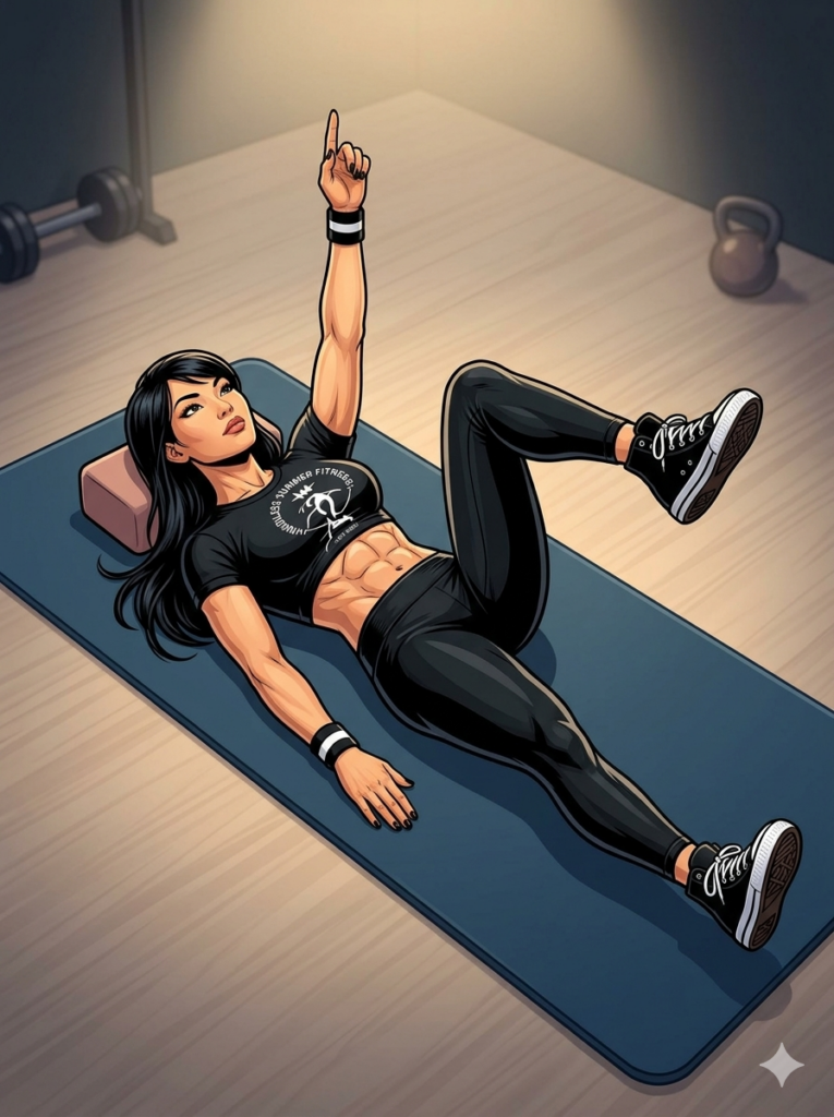 A person lying on their back on a mat performing a dead bug exercise, with one arm extended upward, the opposite arm resting down, one knee bent at 90 degrees, and the opposite leg extended straight out. The head rests on the mat and the eyes look upward in a simple gym setting.