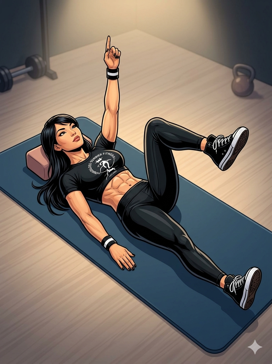 A person lying on their back on a mat performing a dead bug exercise, with one arm extended upward, the opposite arm resting down, one knee bent at 90 degrees, and the opposite leg extended straight out. The head rests on the mat and the eyes look upward in a simple gym setting.