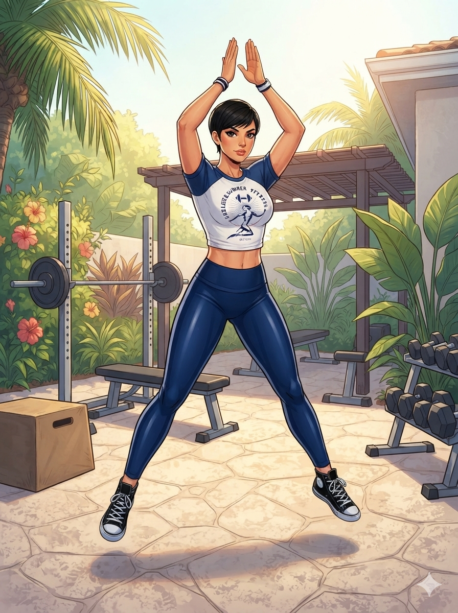 An illustration of a athletic woman with short dark hair performing a jumping jack mid-air. She wears a blue and white graphic crop top, shiny navy leggings, and black high-top sneakers. The setting is a sunny, tropical outdoor backyard gym in Miami surrounded by palm trees, hibiscus flowers, and weightlifting equipment including a barbell bench, wooden plyo box, and a dumbbell rack.