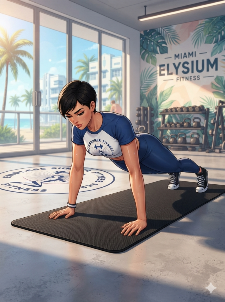 An illustration of an athletic woman with short, slicked-back dark hair holding a plank pose during a pushup on a black fitness mat. She is wearing a blue and white graphic crop top, navy blue leggings, and black high-top sneakers. She is inside a bright, modern Miami gym studio with floor-to-ceiling windows looking out at palm trees and Art Deco buildings. The gym interior features tropical wall murals, weight racks, and a circular "Endless Summer Fitness" logo printed on the floor.
