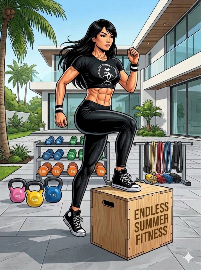 An athletic woman with long, black hair performs a step-up exercise on a wooden plyometric box in an upscale outdoor gym area. She wears a black crop top and black leggings, showcasing highly defined abdominal muscles. The wooden box features the bold text "ENDLESS SUMMER FITNESS" printed on the side. The background includes a luxury modern home, palm trees, a dumbbell rack, kettlebells, and resistance bands.