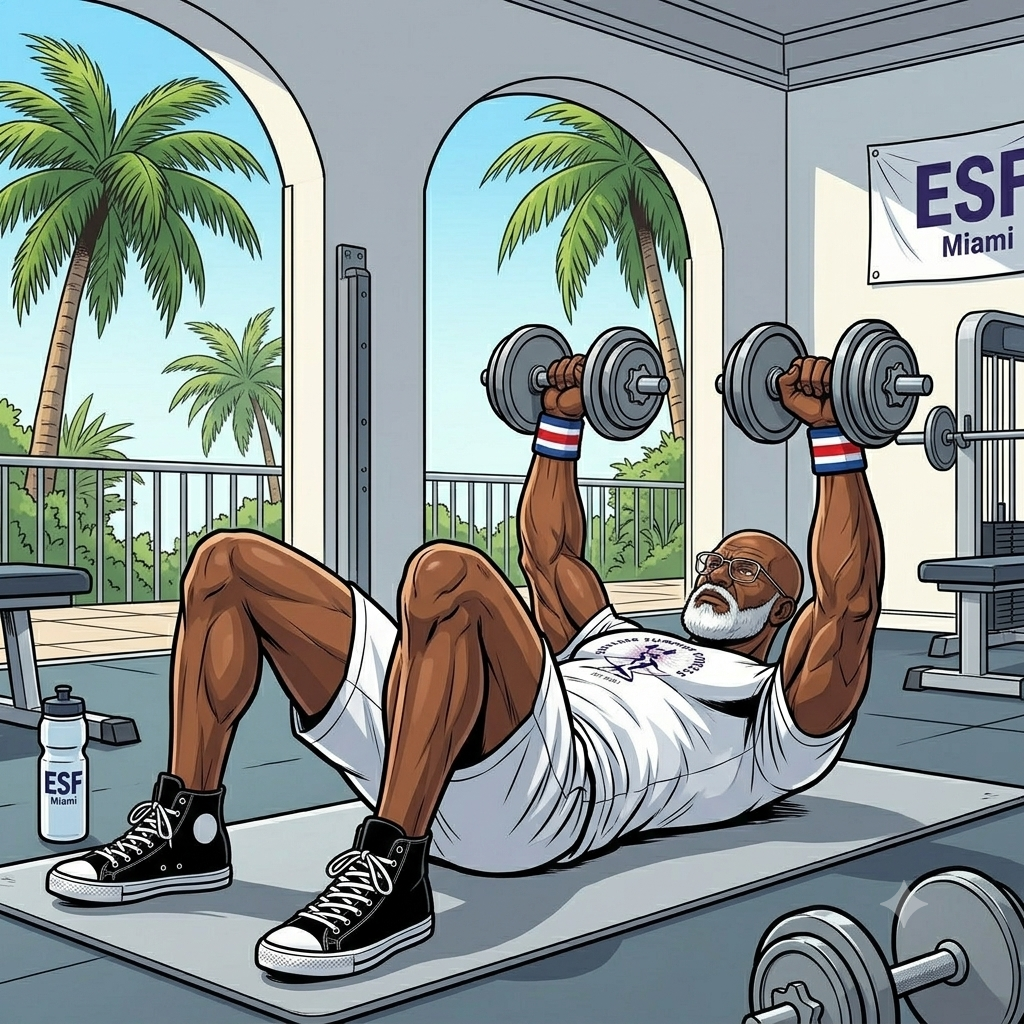 Endless Summer Fitness coach performing a dumbbell floor press while lying on a mat with knees bent and arms extended, demonstrating proper form in a bright gym setting.