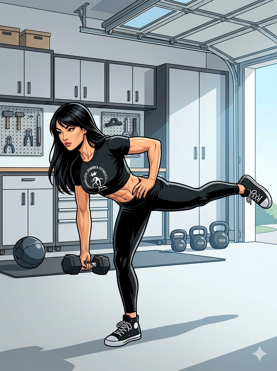 Build Functional Strength Without Heavy Weights. A strong athletic woman performs a single‑leg Romanian deadlift, balancing on one leg with a flat back while holding a dumbbell, demonstrating hybrid functional strength, stability, and control.