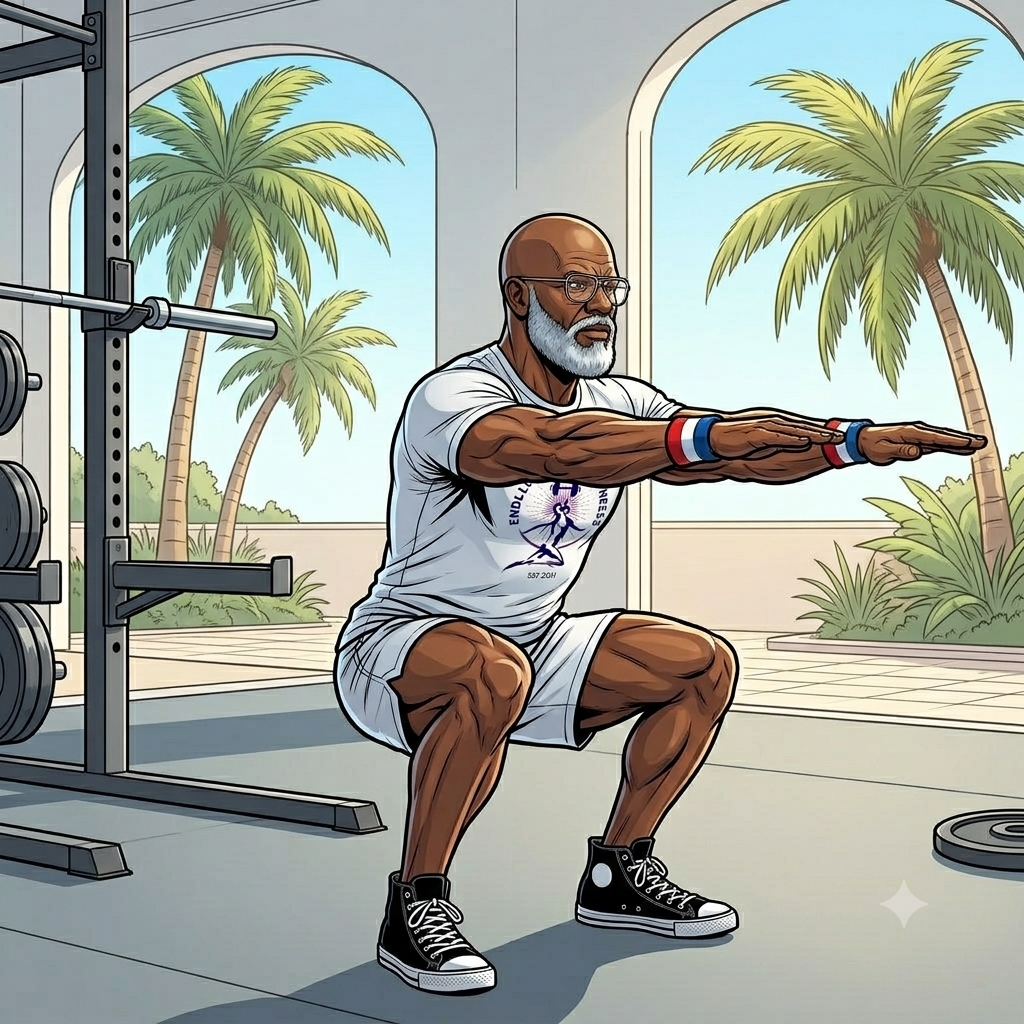Endless Summer Fitness coach demonstrating a true deep squat with feet flat, heels grounded, and hips fully lowered between the ankles, showing proper form in a gym setting.