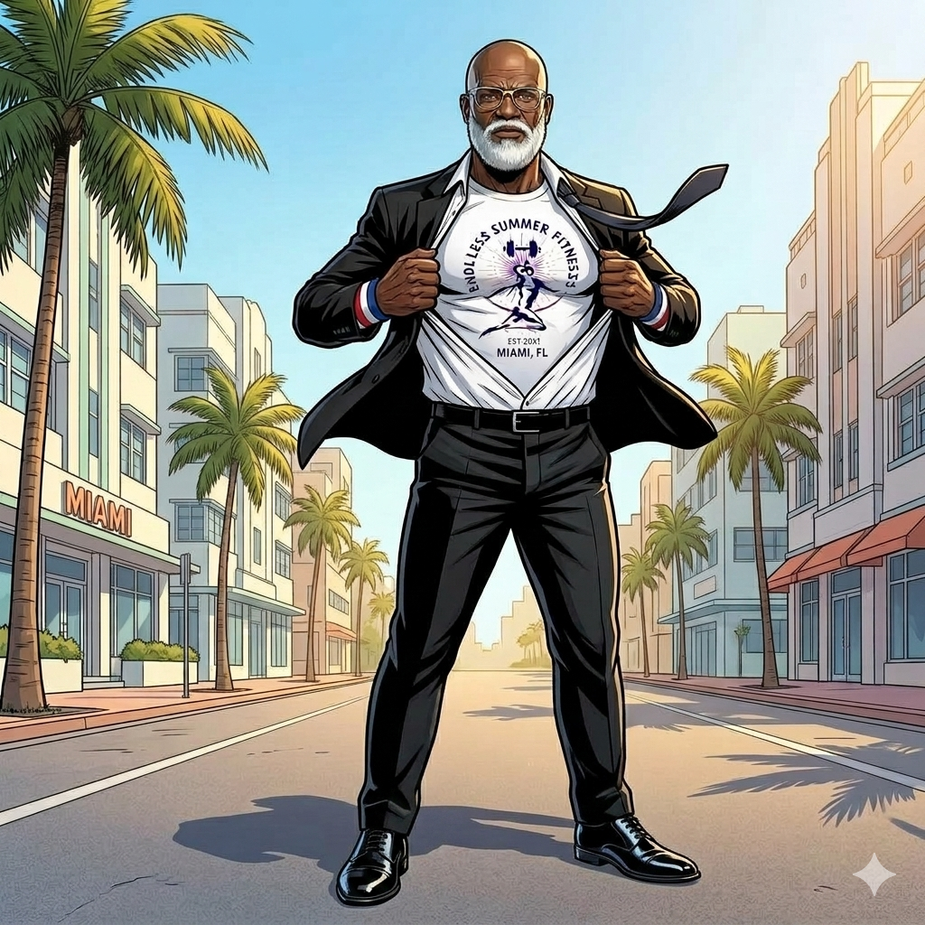 ESF coach standing in a bright Miami street, pulling open his business suit jacket to reveal his white Endless Summer Fitness shirt underneath in a superhero-style pose, with palm trees and Art Deco buildings in the background.