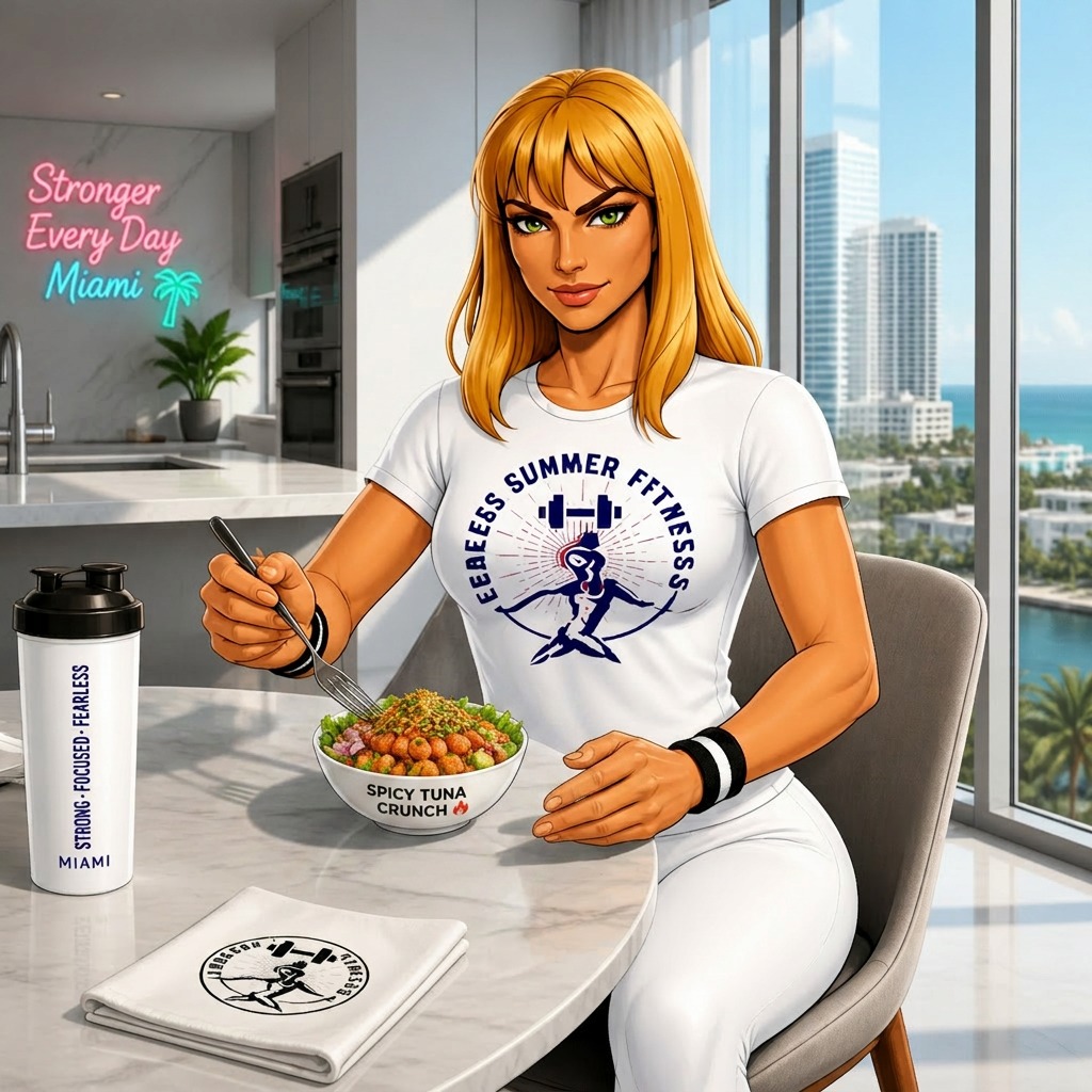 Athlete sitting in her kitchen eating, Chicken “Tuna” Salad Bowl: Smashed chickpeas with tahini, celery, and lemon juice served in a large bowl with bell pepper slices.