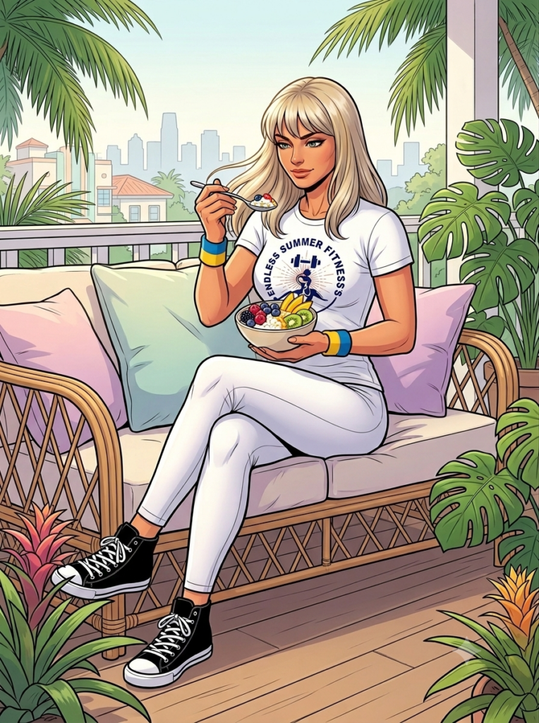 Endless Summer Fitness coach sitting on her Miami back‑porch couch, eating a cottage‑cheese fruit bowl in bright natural daylight with tropical plants around her.