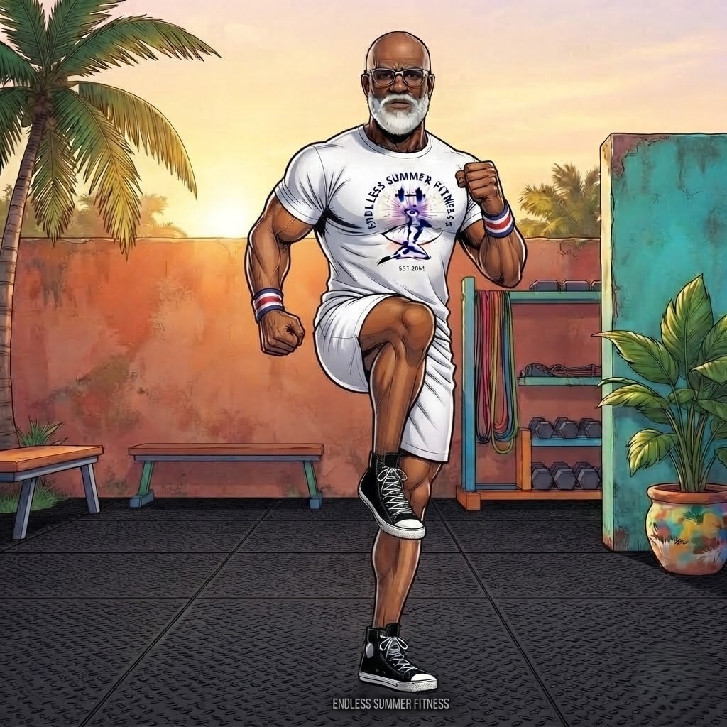Athletic fitness coach preforming high knee exercise in place.