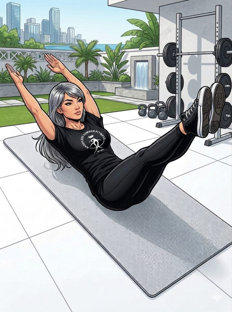 Comic‑book–style illustration of a grey‑haired female fitness coach performing a hollow hold on a mat in a bright Miami backyard gym. She wears a full white athletic T‑shirt with the ESF logo, white leggings, and black high‑top sneakers. Her arms are extended overhead, legs straight and lifted a few inches off the floor, lower back pressed into the mat, forming a smooth curved hollow body position. Palm trees, clean white flooring, and organized gym equipment appear in the background under natural daylight.