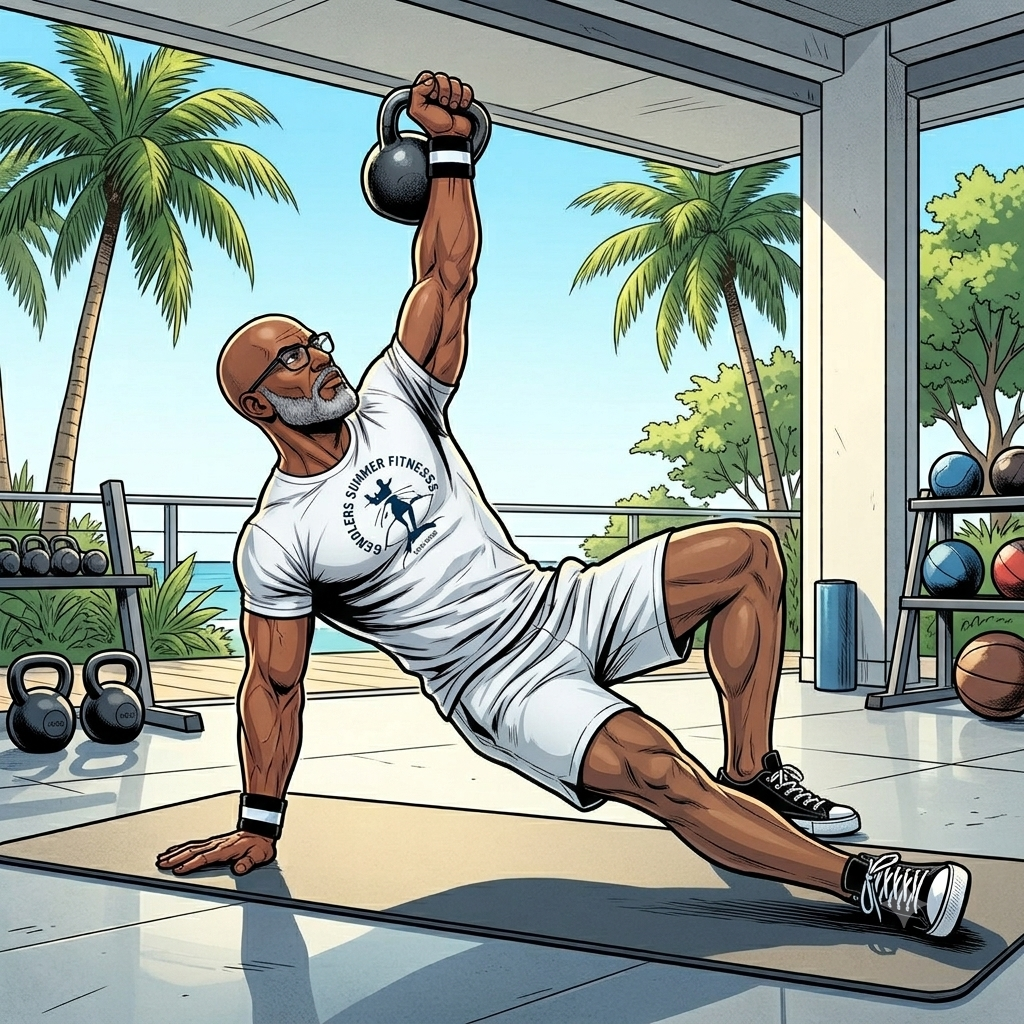 Endless Summer Fitness coach demonstrating a Turkish Get‑Up, holding a kettlebell locked out overhead while rising from the floor with proper form in a bright Miami indoor‑outdoor gym setting.