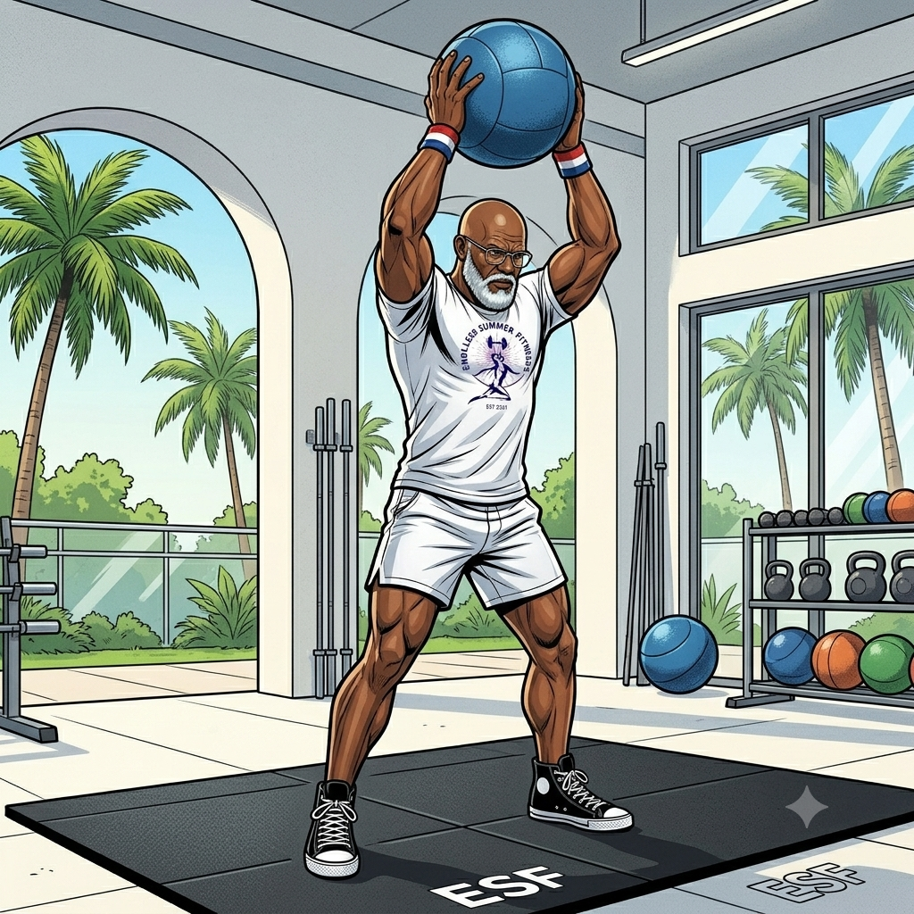 Endless Summer Fitness coach lifting a medicine ball overhead with proper form, preparing to slam it down during a power exercise in a bright Miami indoor‑outdoor gym setting.