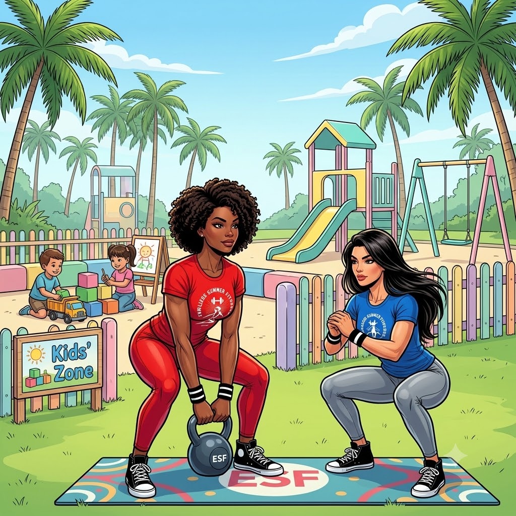 Two Endless Summer Fitness female coaches working out together in a sunny Miami park while their children play safely in a nearby kids’ zone with slides and toys, surrounded by palm trees and bright outdoor scenery.