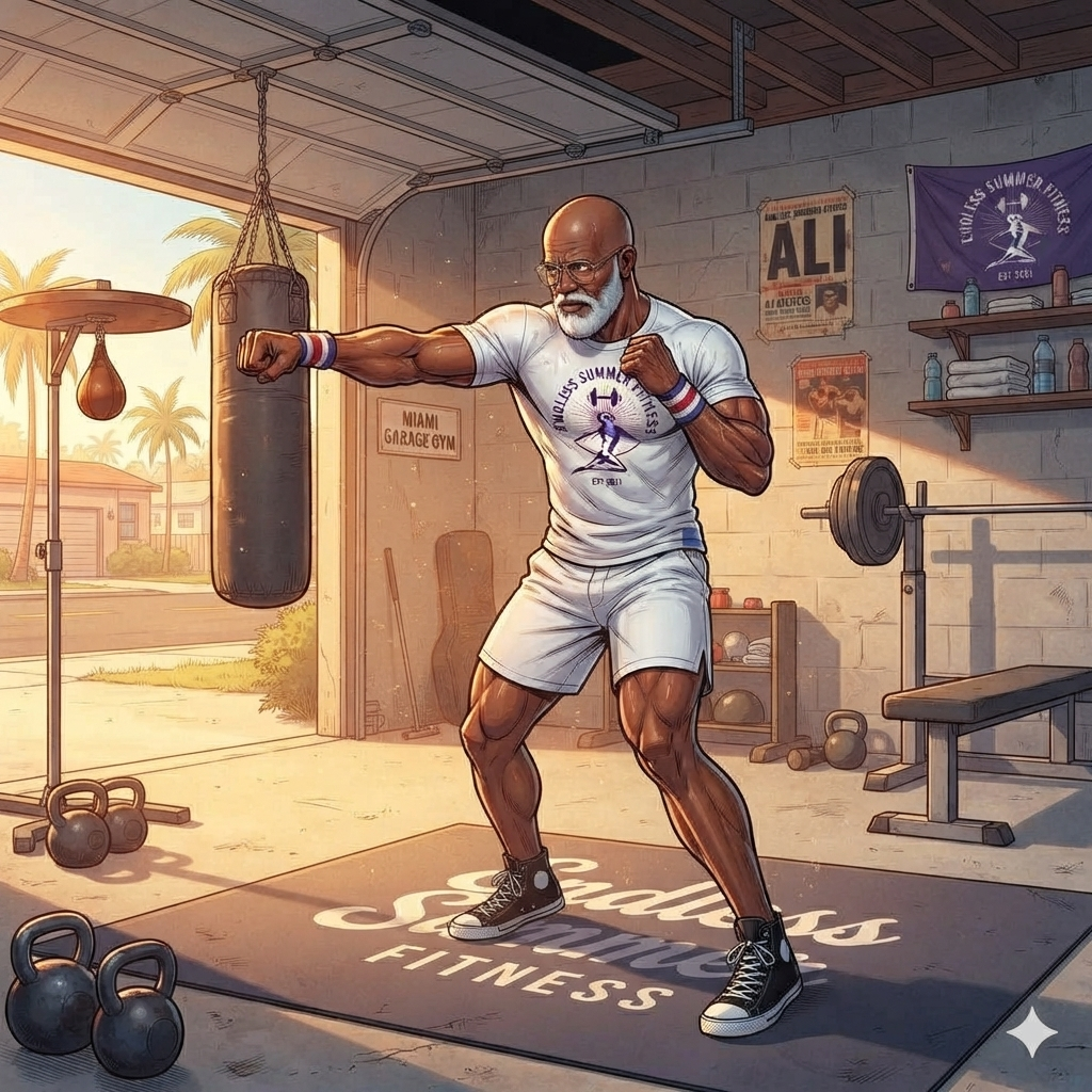 An illustration of a muscular, elderly Black man with a shaved head, white beard, and glasses shadow boxing inside a garage gym. He wears a white t-shirt with a fitness logo, white athletic shorts, and black high-top sneakers. He is captured mid-punch with his left arm extended forward. The garage door is open, revealing a sunny outdoor view with palm trees. Inside the gym, there are kettlebells, a heavy bag, a barbell bench press station, and a workout mat that reads "Endless Summer Fitness."