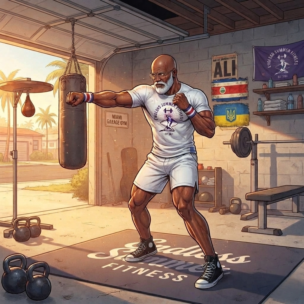 ESF Coach shadowboxing in an old rustic boxer's gym.