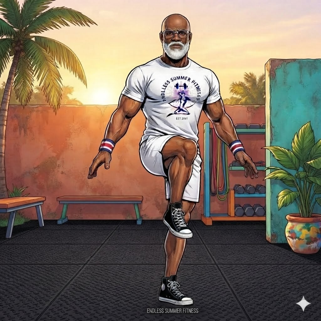 A comic-book style illustration of a muscular, bald older Black man with a full white beard and glasses, executing a controlled single-leg balance exercise. He stands balanced firmly on his left leg, while his right knee is raised to hip height. He wears a fitted white T-shirt featuring a circular "Endless Summer Fitness EST 2031" logo, paired with white athletic shorts, black high-top sneakers, and red, white, and blue striped wristbands. The entire floor of the outdoor setting is covered wall-to-wall in textured black rubber gym matting. The background features a vibrant Miami backyard gym setting at sunset, showcasing warm orange and yellow skies, a tall palm tree on the left, an orange-hued stucco wall, and a rustic wooden storage rack loaded with dumbbells and fitness bands.
