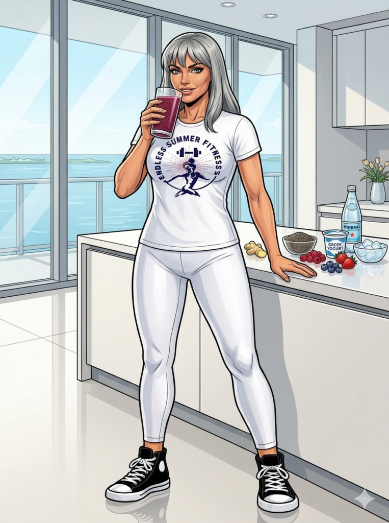 Comic‑book–style illustration of a grey‑haired female fitness coach standing in a bright Miami high‑rise luxury kitchen, holding a berry‑ginger gut‑health smoothie. She wears a full white ESF T‑shirt, white leggings, and black high‑top sneakers. Fresh berries, ginger, chia seeds, yogurt, and mineral water are arranged neatly on the white countertop, with floor‑to‑ceiling windows showing a sunny Miami skyline in the background.