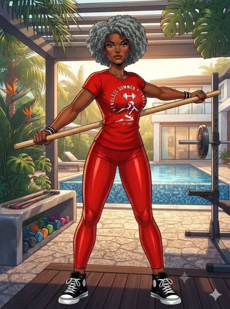 An illustration of a Black woman fitness coach with voluminous grey-and-white afro-textured hair performing a standing torso rotation. She is wearing a red T-shirt featuring an "Endless Summer Fitness" logo, tight red leggings, and black high-top sneakers. She holds a wooden stick horizontally across her upper back, with her upper body rotated toward her right. She stands in a luxurious Miami backyard gym under a wooden pergola, featuring dumbbells, a squat rack, tropical plants, and a bright blue swimming pool in the background.