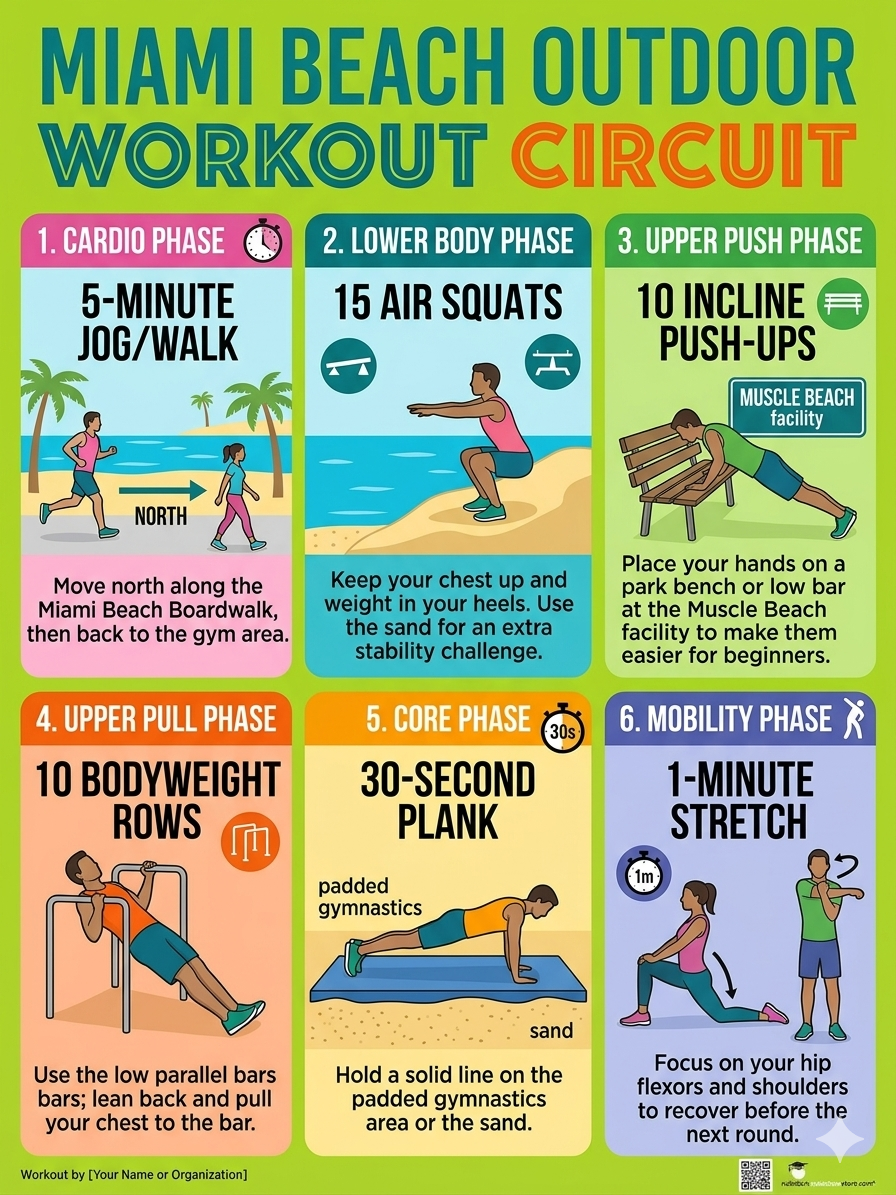 How to Start a Hybrid Fitness Routine Using Miami’s Best Parks. A colorful, six-panel fitness infographic titled "MIAMI BEACH OUTDOOR WORKOUT CIRCUIT" in large green and orange text against a light green background. The chart is organized into six numbered, rectangular cards arranged in a 2x3 grid, each featuring a specific exercise with flat vector illustrations, instructions, and small icons.