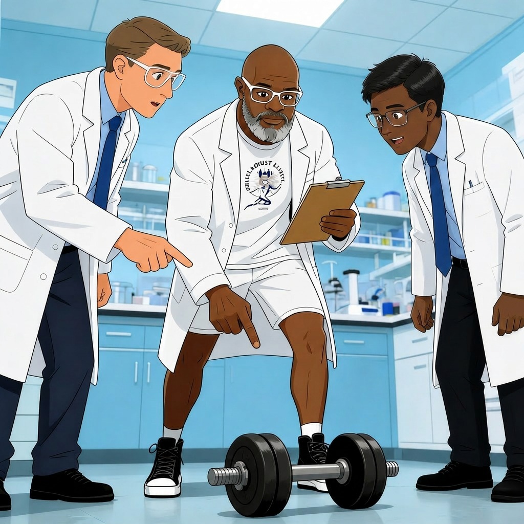 Hybrid Fitness for Real Life: A Beginner’s Guide. Three scientists pointing and analyzing a dumbbell.
