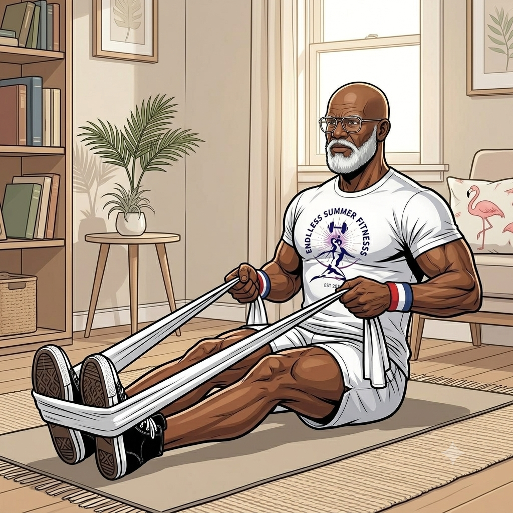 Endless Summer Fitness coach performing a seated towel row in his home den, legs extended, towel looped around his feet, pulling with elbows close to his sides to demonstrate proper back‑strengthening form.