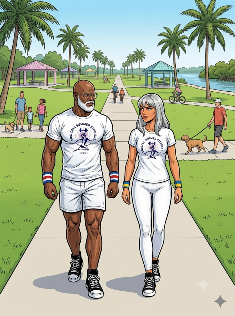 Two Endless Summer Fitness coaches walking side‑by‑side through a large sunny park in Pompano Beach, surrounded by palm trees, wide green spaces, and a bright South Florida atmosphere.