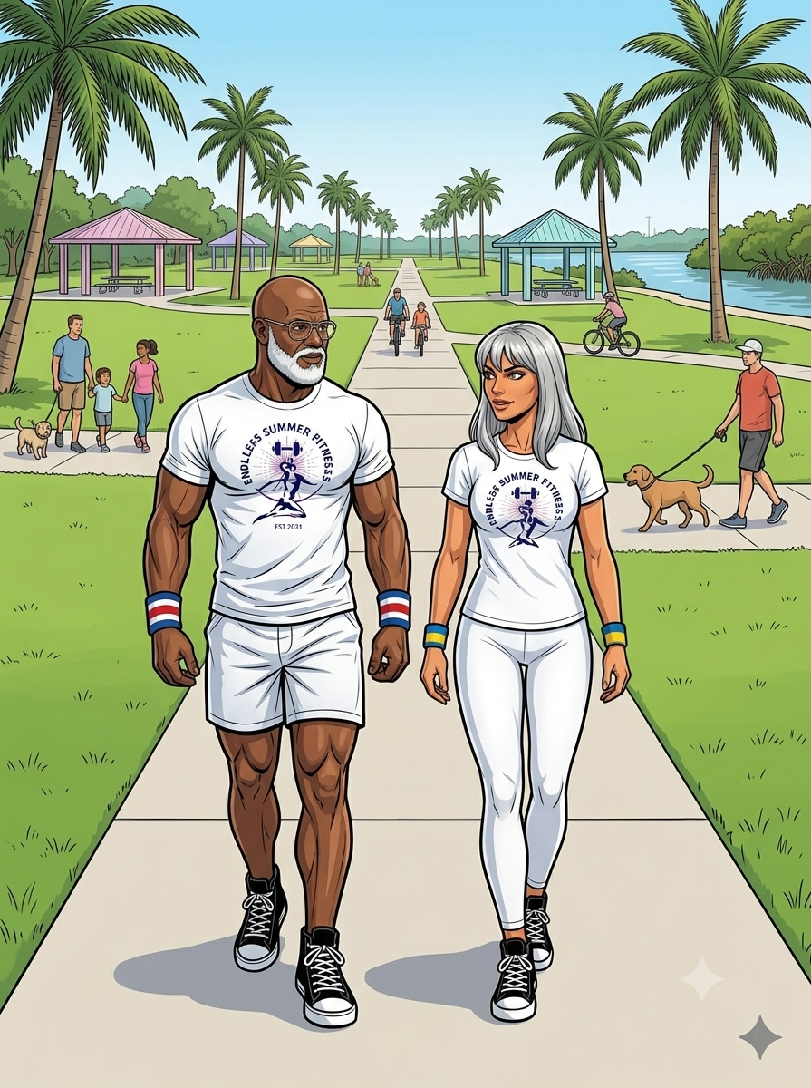 Two Endless Summer Fitness coaches walking side‑by‑side through a large sunny park in Pompano Beach, surrounded by palm trees, wide green spaces, and a bright South Florida atmosphere.