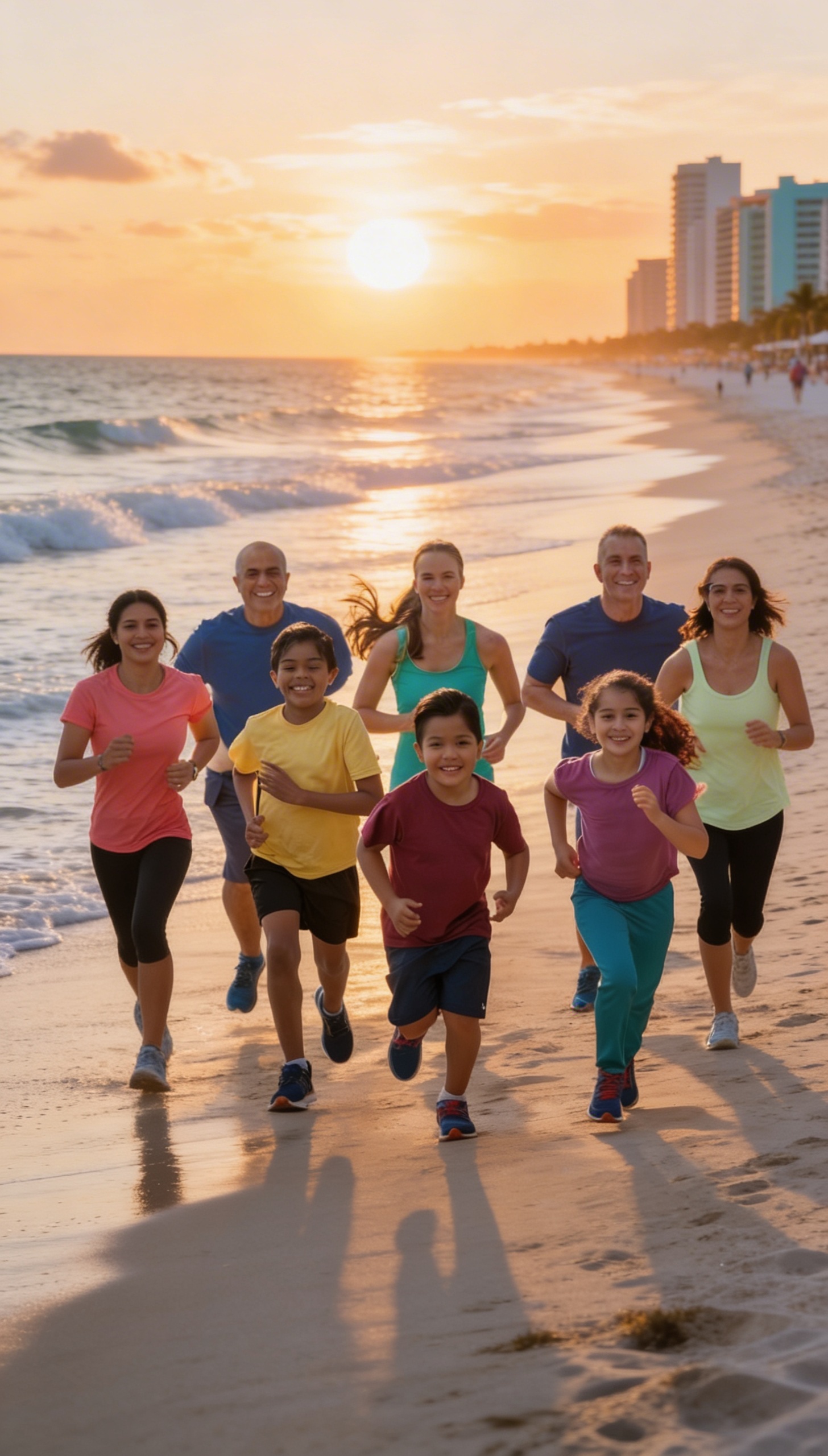 Young children enthusiastically participating in a family-friendly 5K run on the streets of Miami.