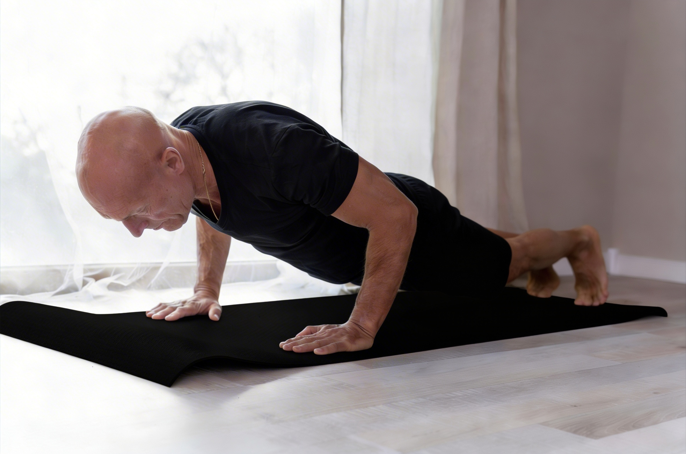 Man over 40 performing a controlled pushups to demonstrate proper calisthenics form