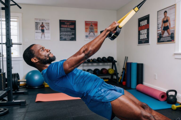 A man performing a low-impact pull exercise using a resistance band in a bright living room