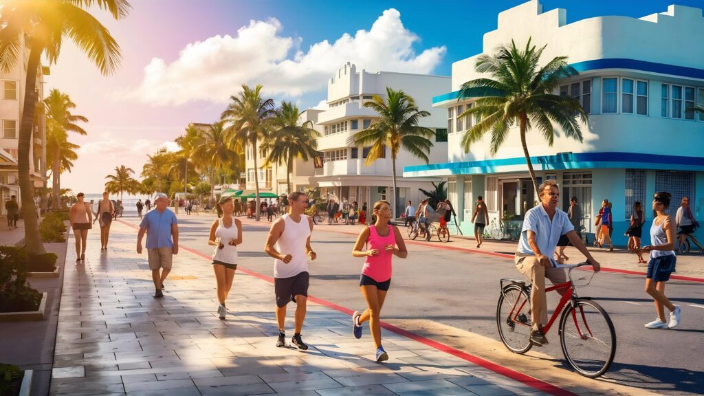 People walking, running, and cycling on a paved Miami Beach street lined with palm trees under a clear blue sky
