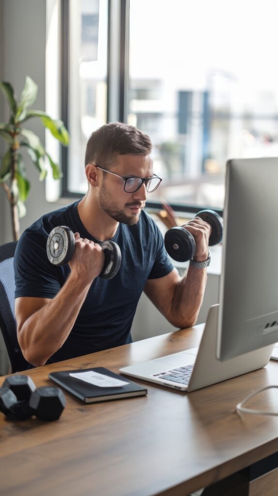 A busy professional in a modern home office, transitioning between a laptop and using dumbbells.