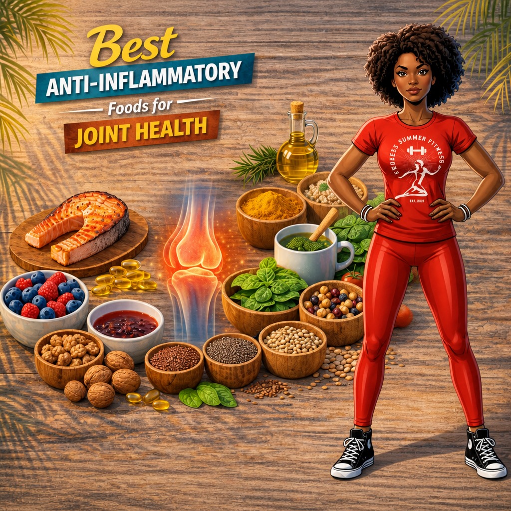 A female athlete standing like a super-hero next to an image of multiple anti-inflammatory foods.