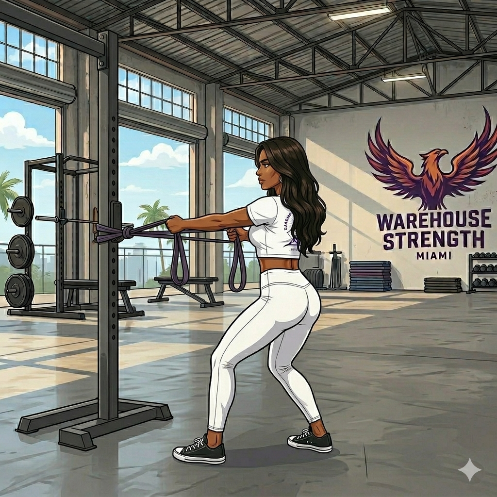 Low-Impact Strength Training for Joint Pain Relief. ESF athlete doing a standing rows in a Miami warehouse gym.