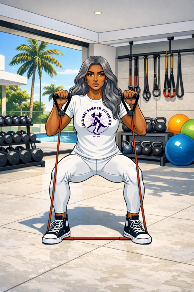 Comic‑book illustration of a fit, grey‑haired female coach performing a standing resistance band squat in a bright, open‑air Miami backyard gym. She wears a full white athletic T‑shirt with a purple “Summer Fitness” logo, white leggings, and black high‑top sneakers. She stands on a red resistance band, holding the handles at shoulder height while squatting with thighs parallel to the floor. Behind her are dumbbells, kettlebells, and colorful stability balls, with palm trees and a pool visible through glass fencing under natural daylight.