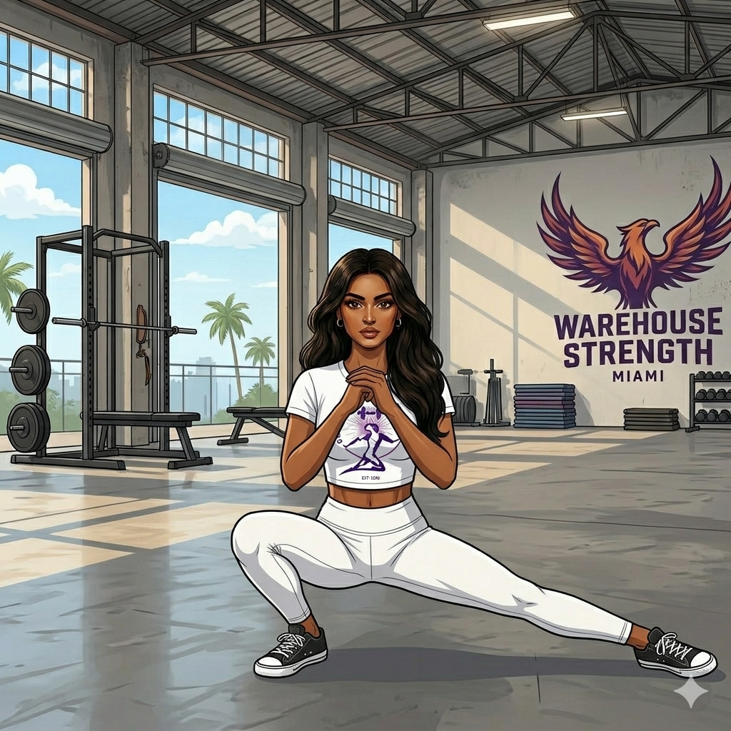 Low-Impact Conditioning for Long-Term Health. ESF Coach doing a side lunge inside a Miami warehouse gym.