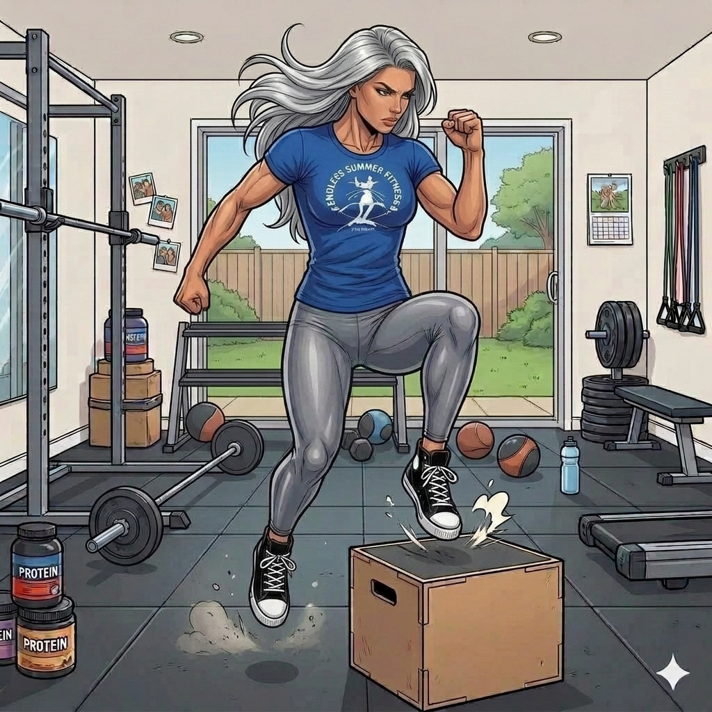 Strength Training for Women Over 40: Myths vs Reality. Digital illustration of a silver‑haired female athlete performing a box jump in her home gym. She wears a blue Endless Summer Fitness shirt, gray leggings, and black sneakers. One foot lands on a wooden box while the other lifts mid‑air, showing strength and motion. The gym is bright and organized with dumbbells, barbells, resistance bands, and protein containers, with sunlight streaming through windows overlooking a green backyard.