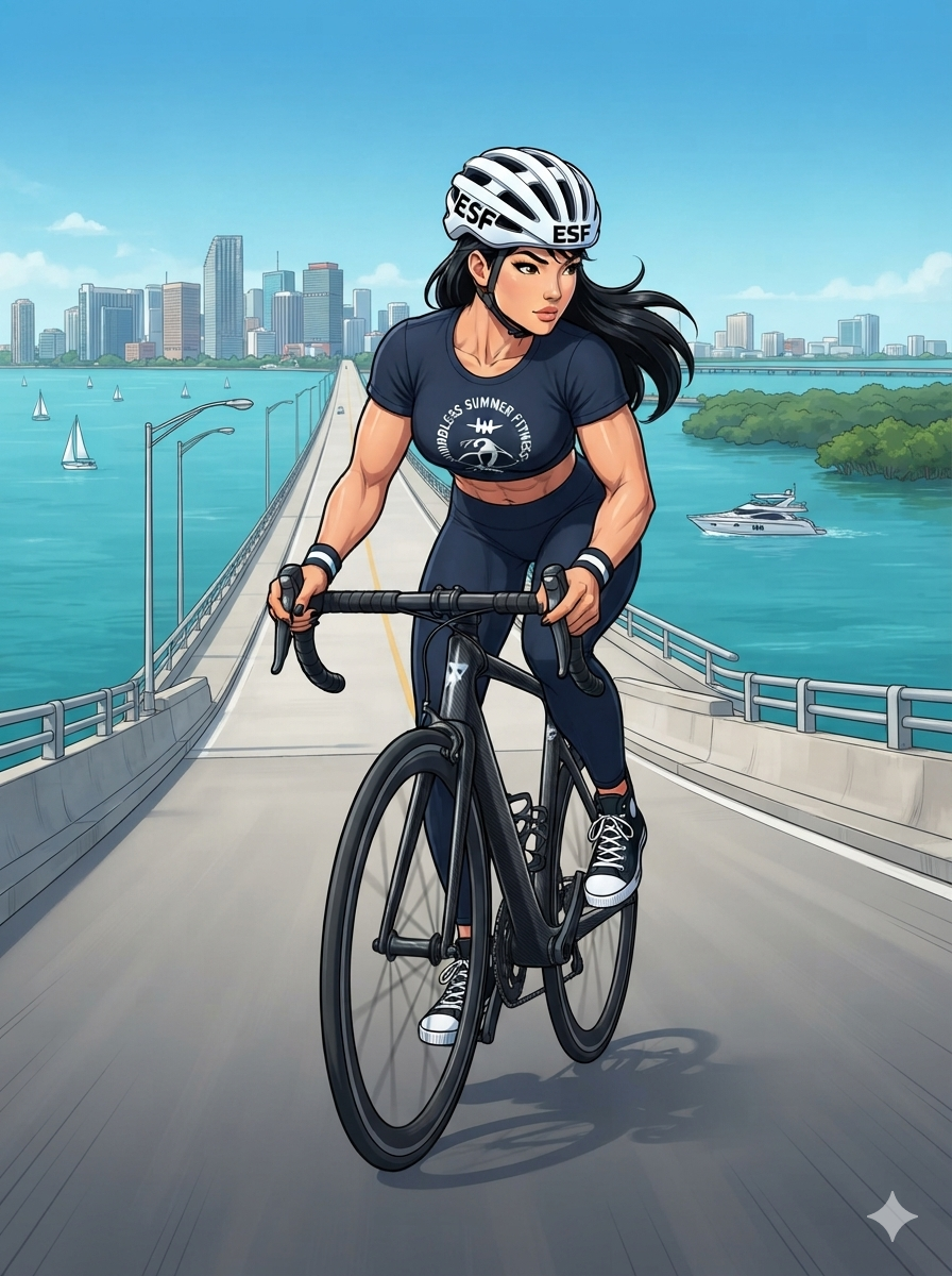 Female ESF coach riding a racing bike across the Rickenbacker Causeway in Miami, wearing a white ESF helmet and a navy Endless Summer Fitness cropped shirt, with turquoise water and the city skyline in the background.