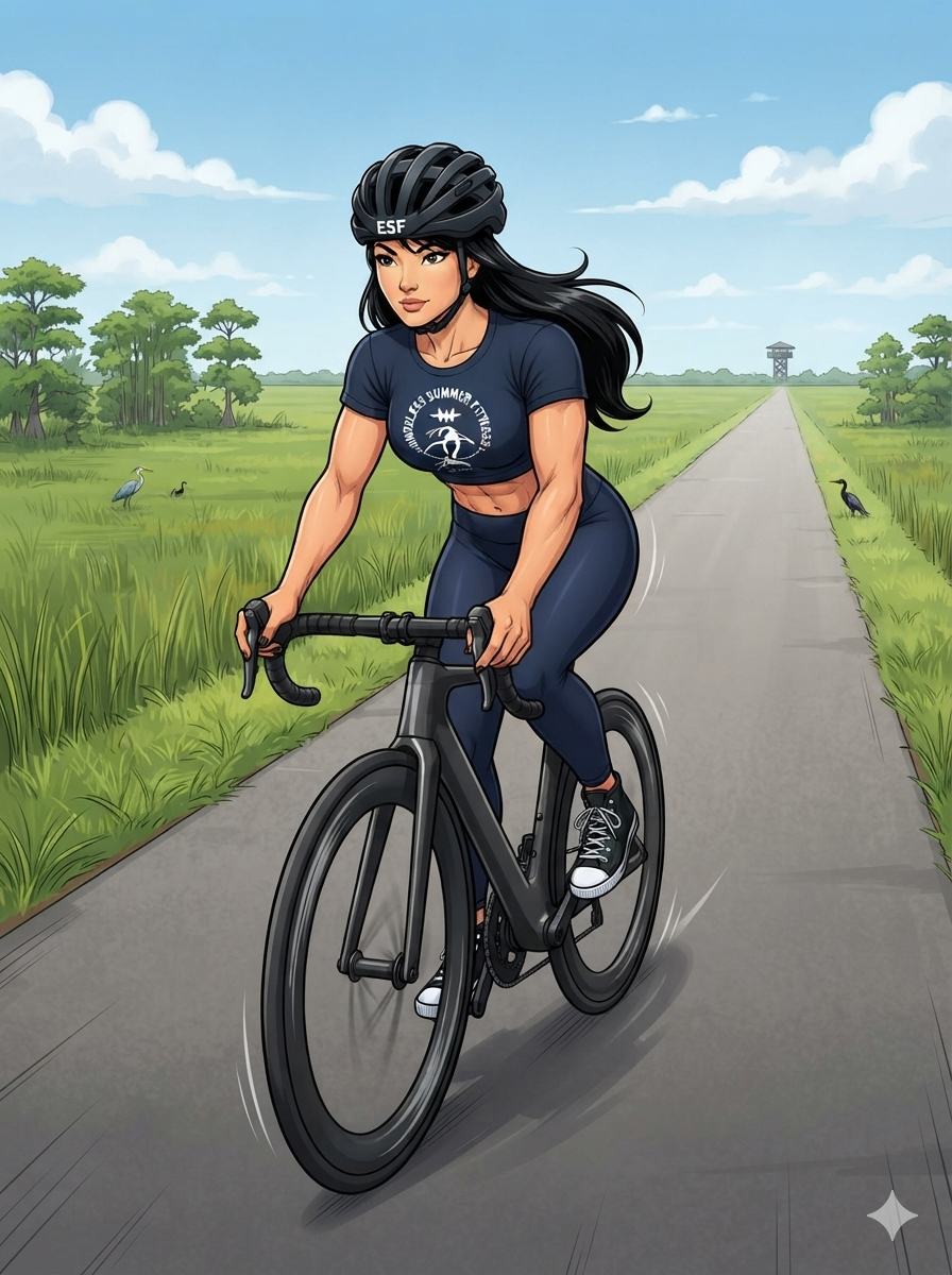 Beginner-Friendly Cycling in South Florida. Female ESF coach riding a racing bike along the Shark Valley Trail in the Everglades, wearing a black ESF helmet, with wide open marshland and sawgrass stretching out on both sides under bright South Florida daylight