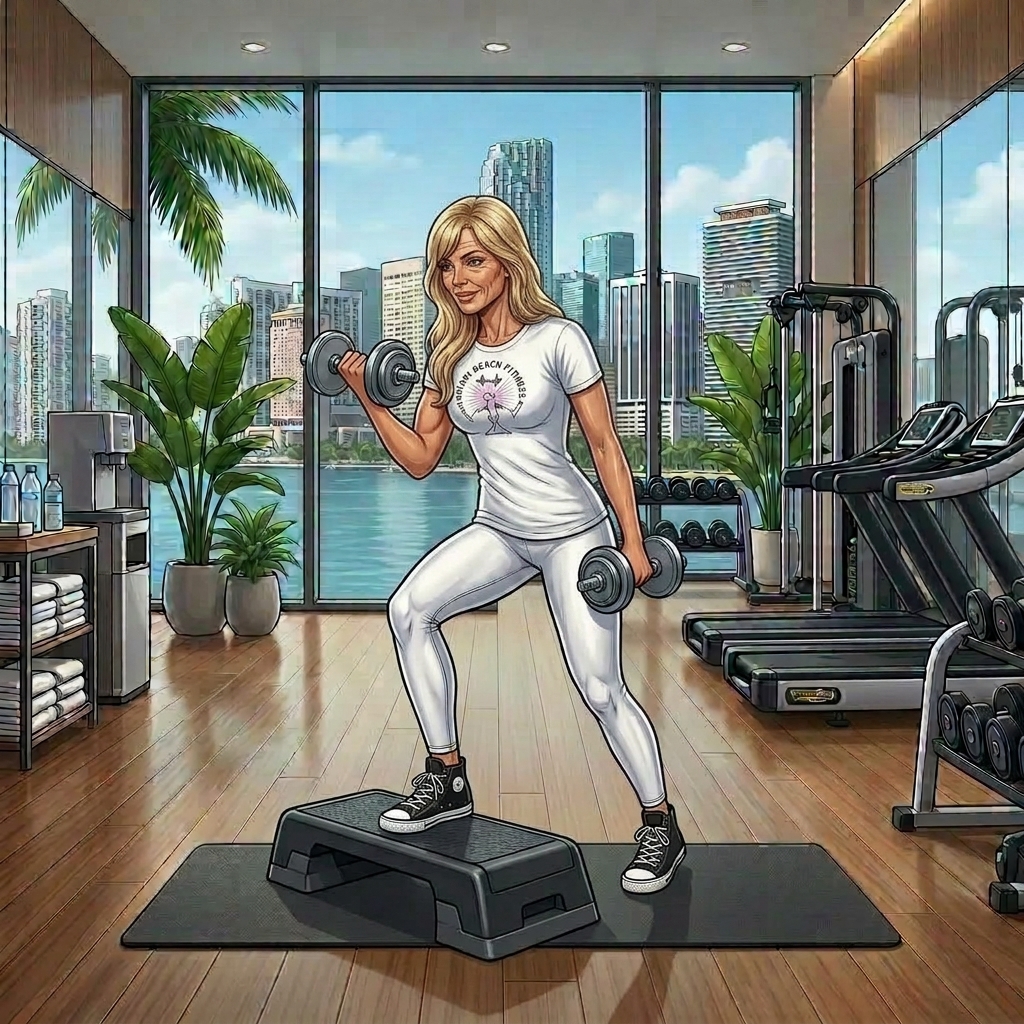 Middle-aged woman doing a step up and dumbbell curls.