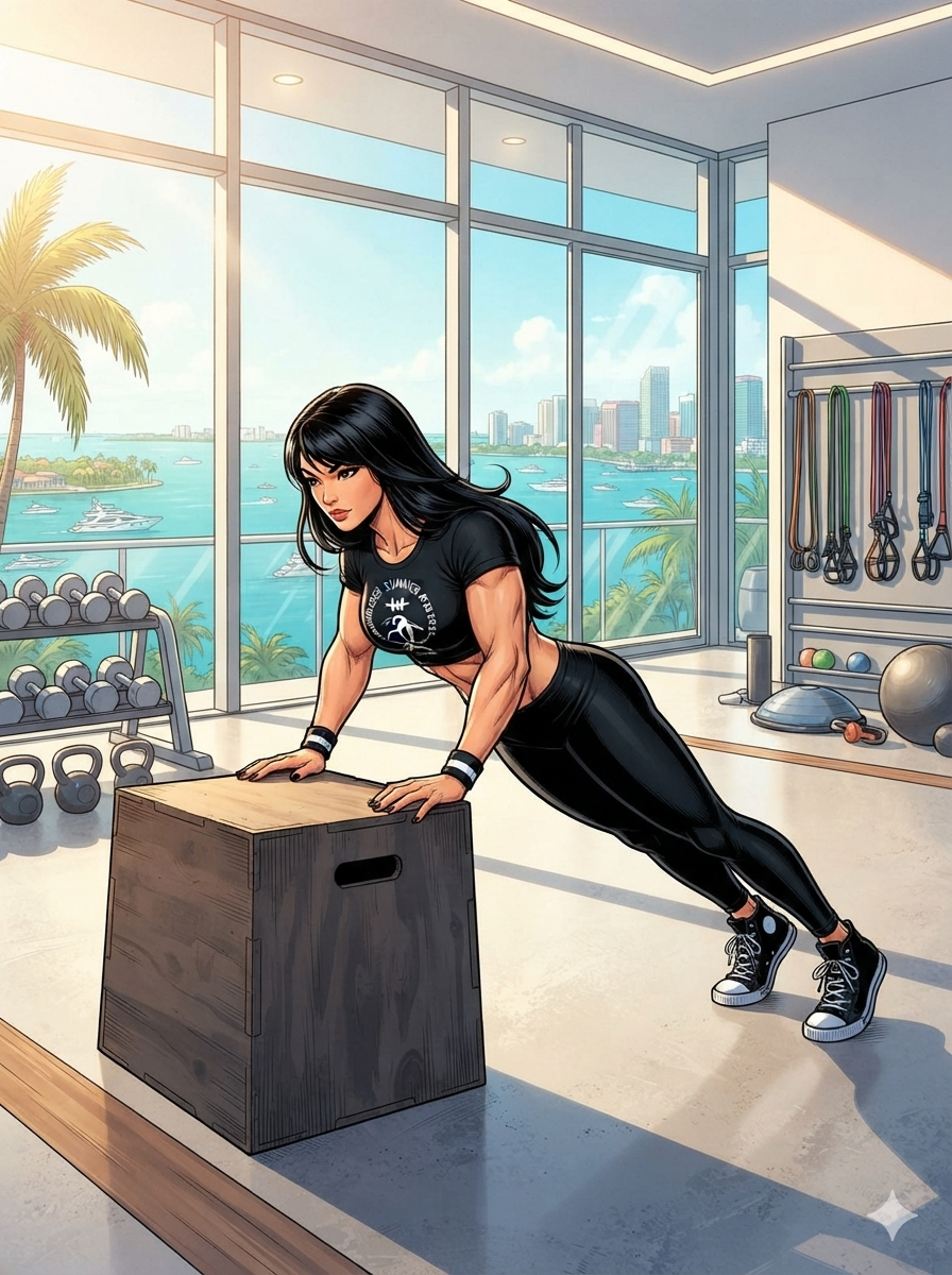 Hybrid Fitness for Weight-Loss Beginners. Female ESF coach performing an incline push‑up on a wooden jump box inside a bright luxury Miami high‑rise gym with floor‑to‑ceiling windows overlooking the city and water.