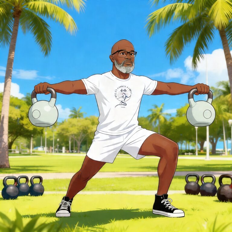 Animated Endless Summer Fitness character doing step‑ups on a sturdy box in a Miami outdoor park setting. Palm trees, clean pavement, bright sunlight. Diverse group of animated characters in the background doing low‑impact cardio. Organized equipment visible but minimal. No haze, no sunset tones, no text.