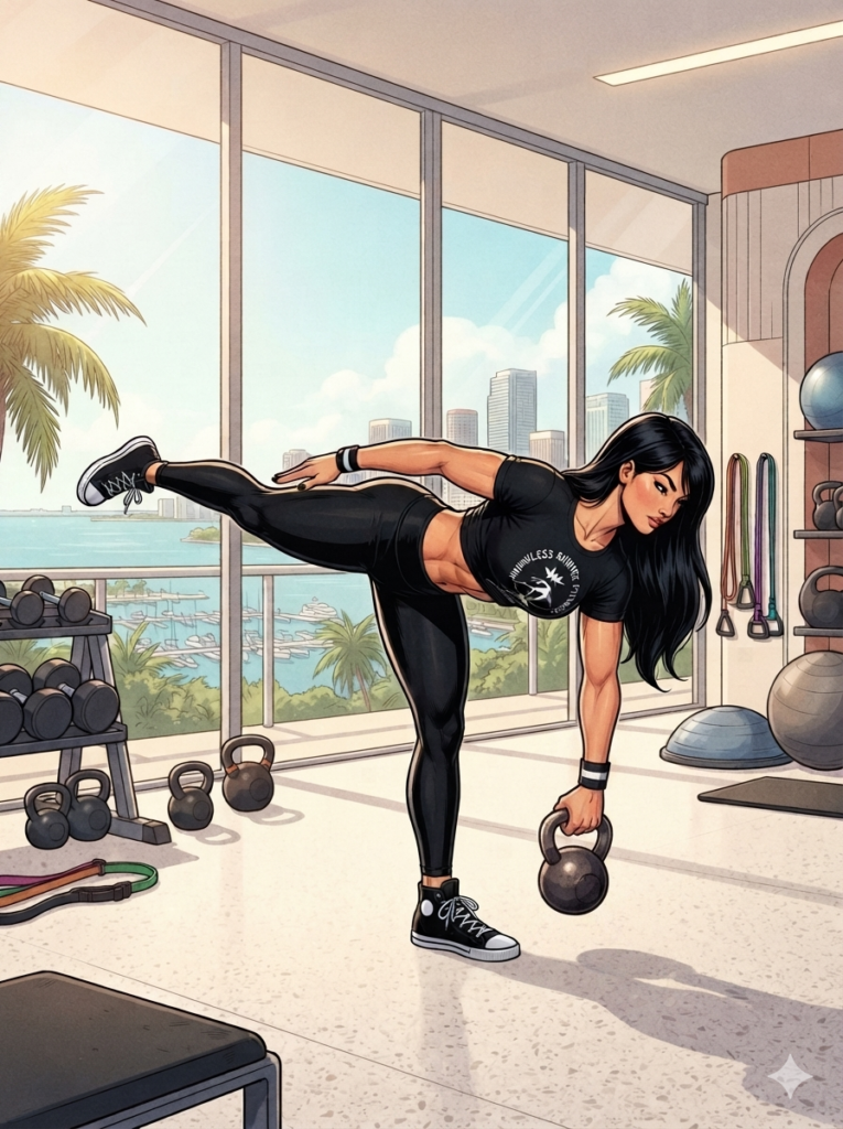 Hybrid Fitness for Weight-Loss Beginners. Female ESF coach performing a single‑leg kettlebell Romanian deadlift in a luxury Miami high‑rise gym with floor‑to‑ceiling windows overlooking the water and skyline.